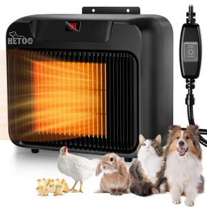 HETOO Wall-Mounted Canine Home Heater with Thermostat – 600W/300W, 6.5Ft Anti-Chew Twine, Overheat Safety, Quick and Secure Heating for Canine Kennels, Cat Homes, and Chickens