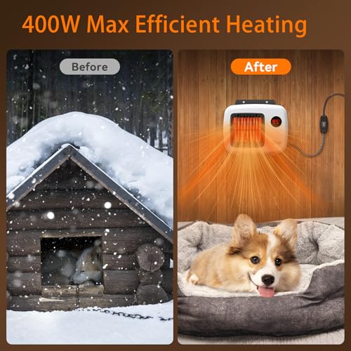 Pet Home Heater with Thermostat, 200/400W Protected Heater for Outside Canine Homes, Rooster Coops, and Rabbit Hutches, That includes a 6FT Chew-Resistant Wire (White)